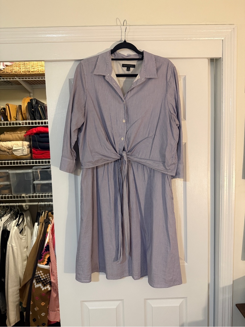 Banana Republic Blue White Striped Tie Knot Front Button Up Shirt Dress